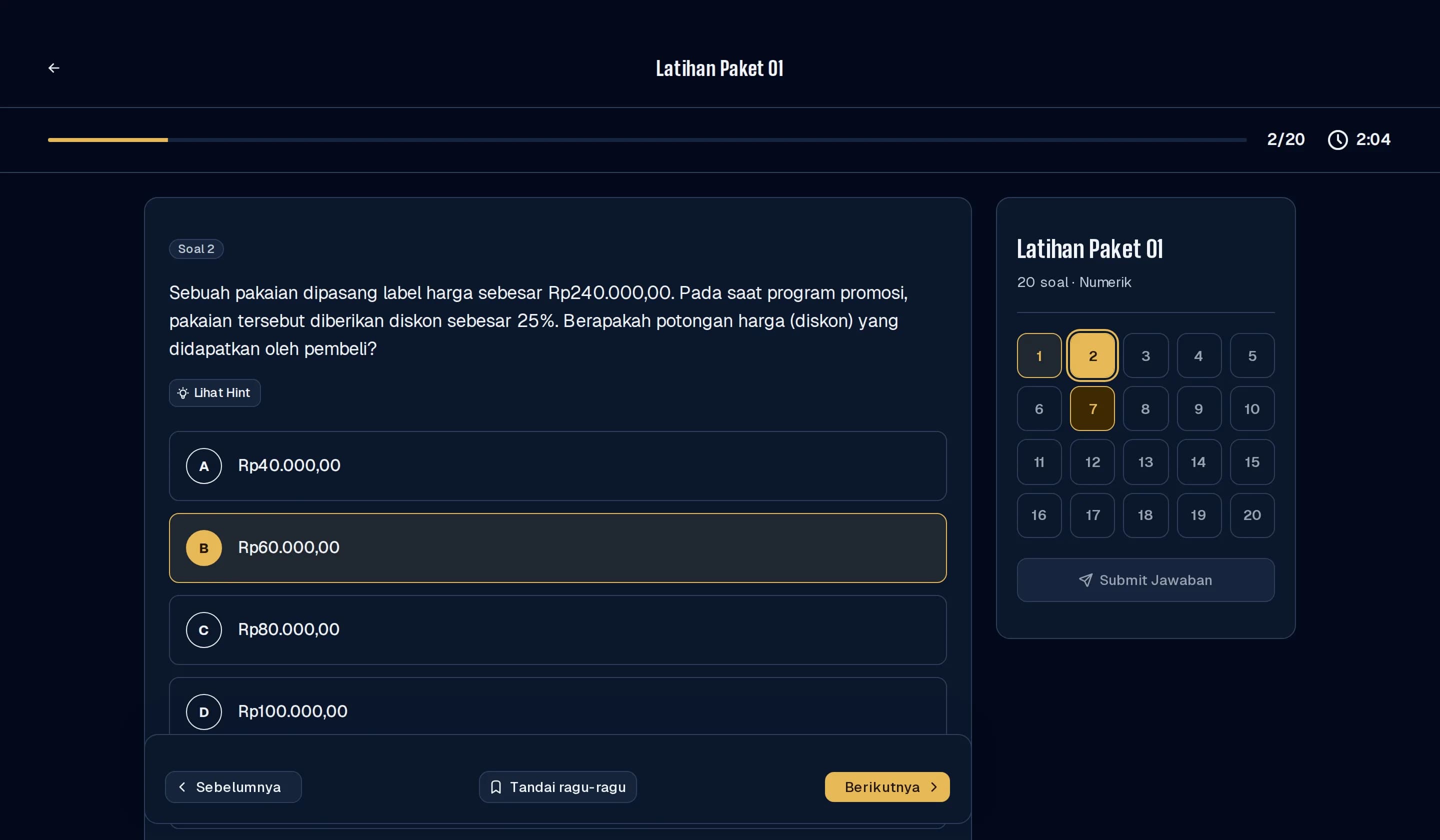 Sesi latihan Adhi Makayasa di browser laptop: soal numerik, pilihan jawaban, dan navigator 20 soal.